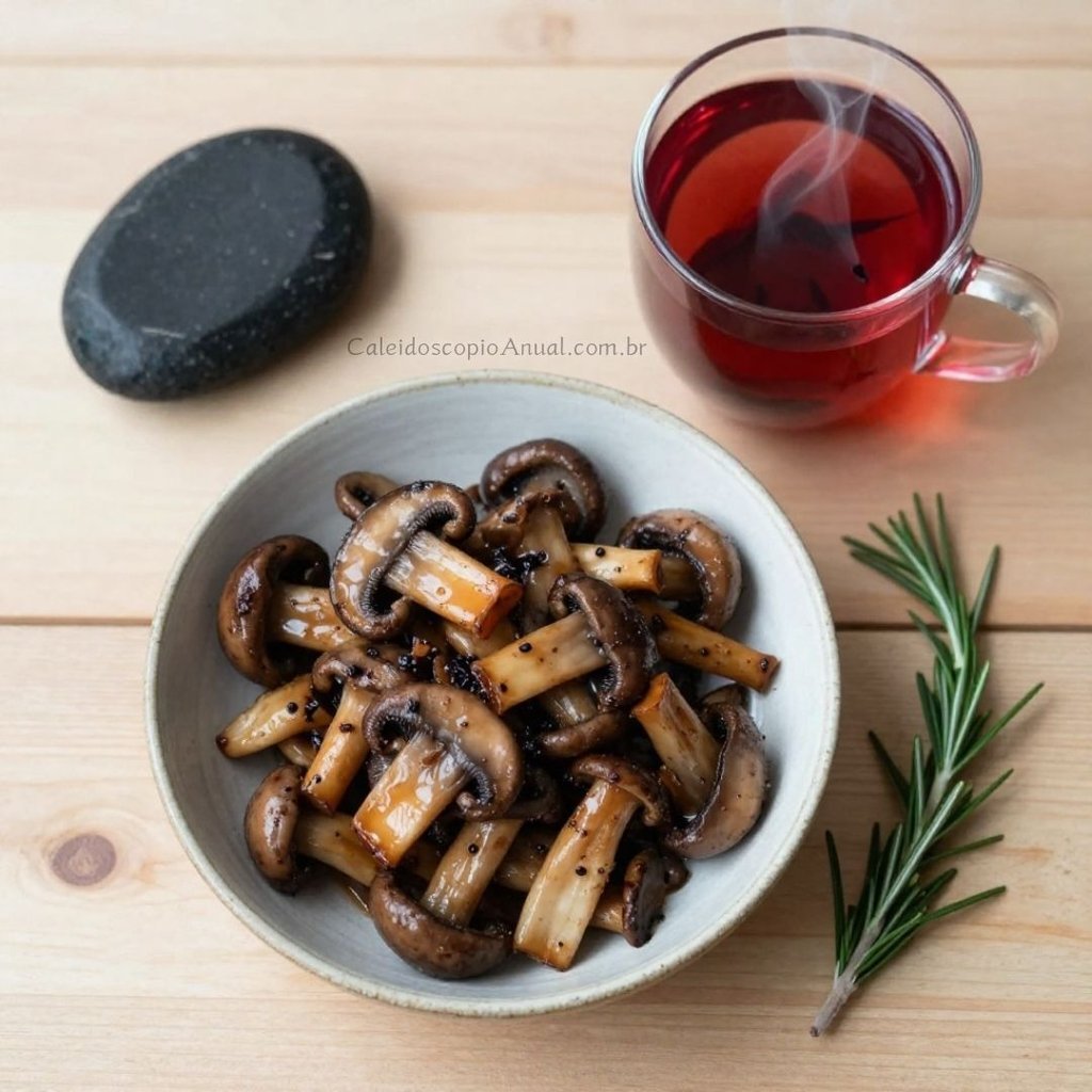 Cogumelos salteados com alecrim em cerâmica e chá hibisco vermelho - vista de cima rústico mesa madeira