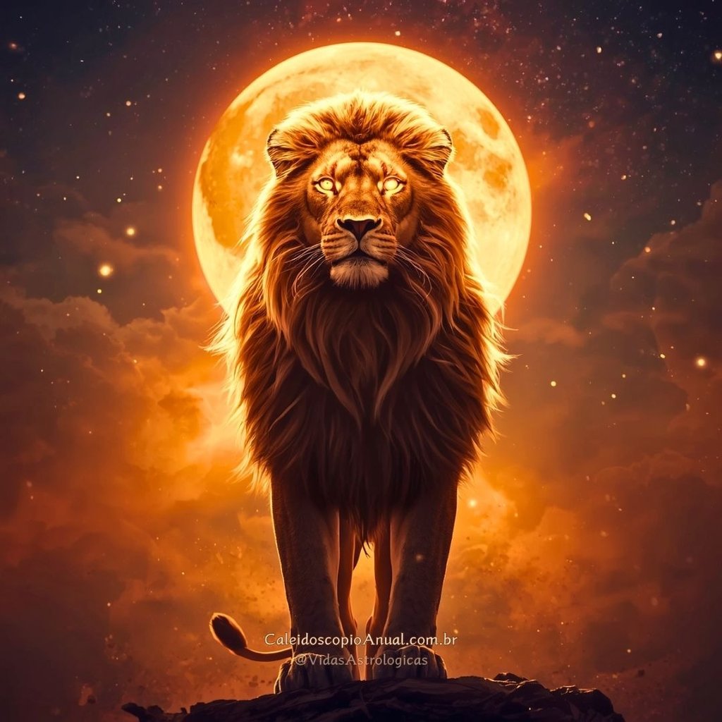Leoa majestosa com juba dourada e aura brilhante sob céu estrelado, simbolizando autoconfiança e magnetismo selvagem.
