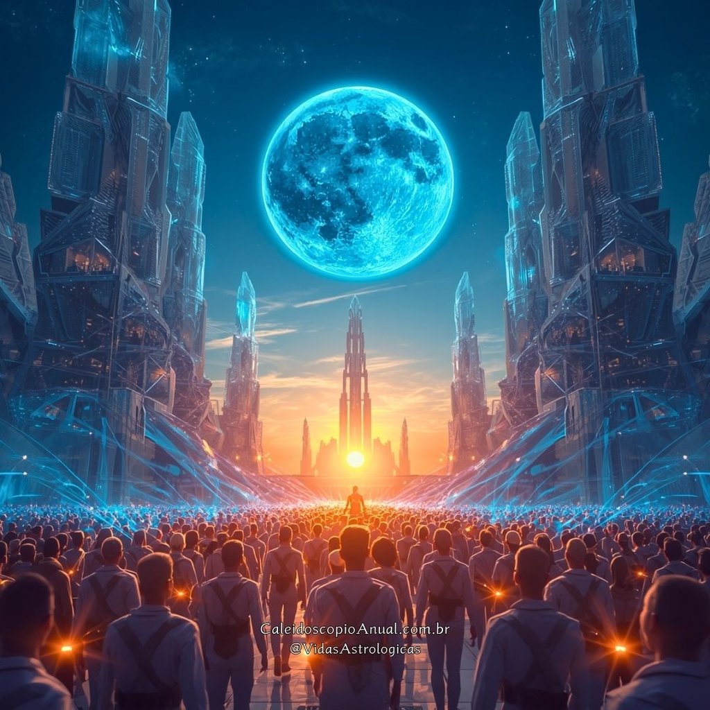 Cidade futurista sob lua azul neon e sol dourado com fios de luz, simbolizando inovação, tecnologia e despertar social.