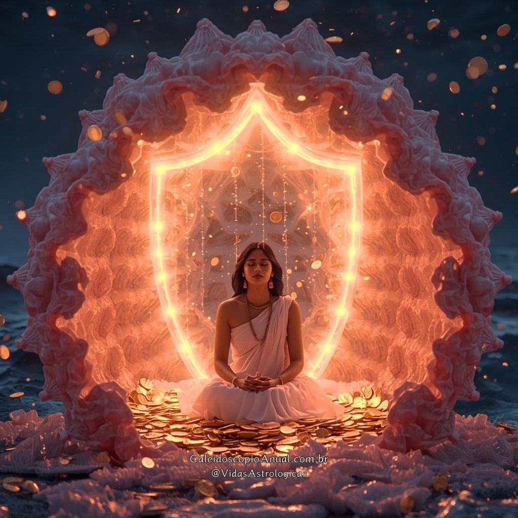 Pessoa protegida por concha escudo rosa em santuário de madrepérola com chuva de estrelas, simbolizando sorte e abundância.