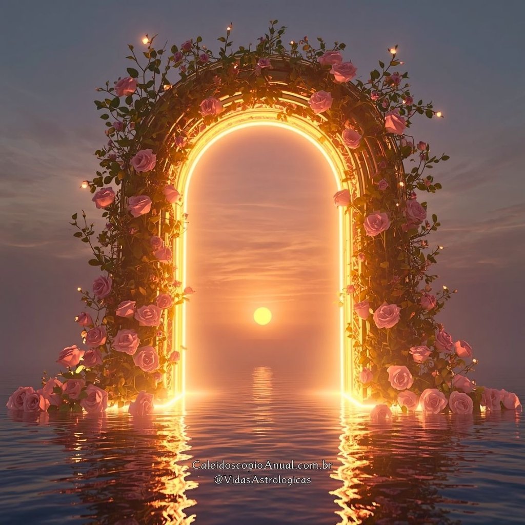 Portal monumental de pérola e ouro brilhando no pôr do sol com rosas, simbolizando o ápice da prosperidade e diplomacia.