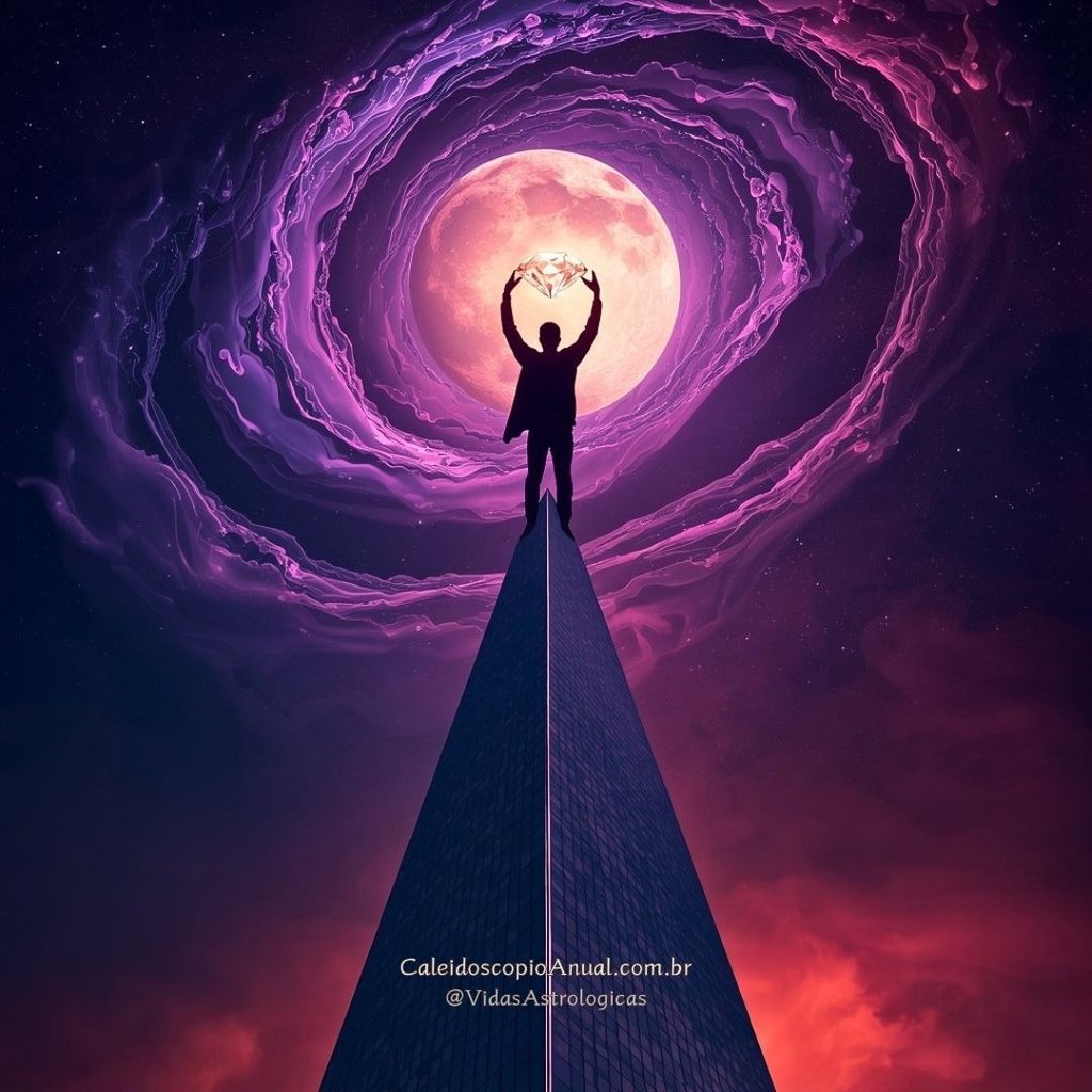 Pessoa no topo de arranha-céu moldando energia violeta e fogo em um diamante, simbolizando sucesso na carreira e magnetismo.