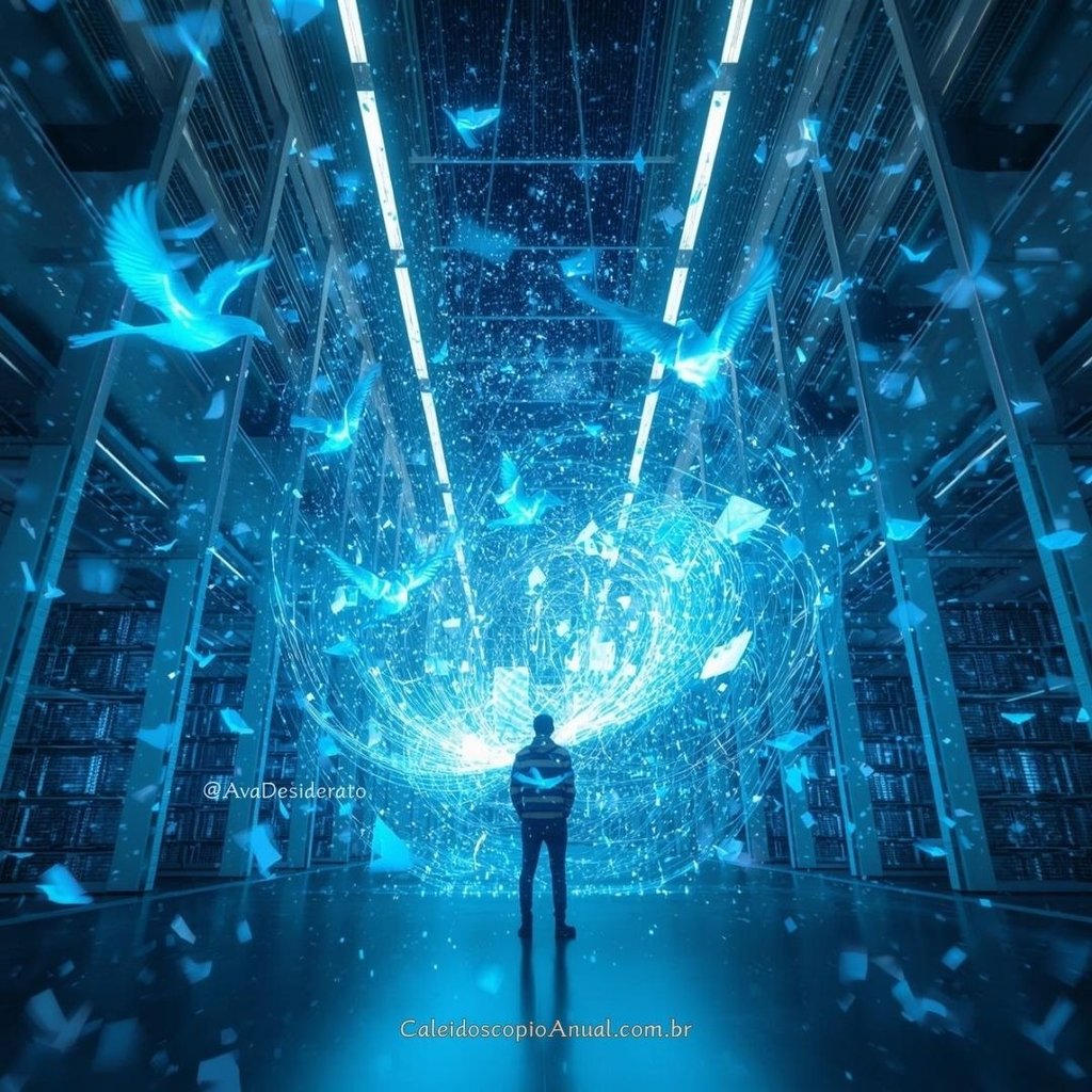 Vento de luz e pássaros holográficos em ambiente tecnológico, simbolizando a revolução mental de Urano em Gêmeos.