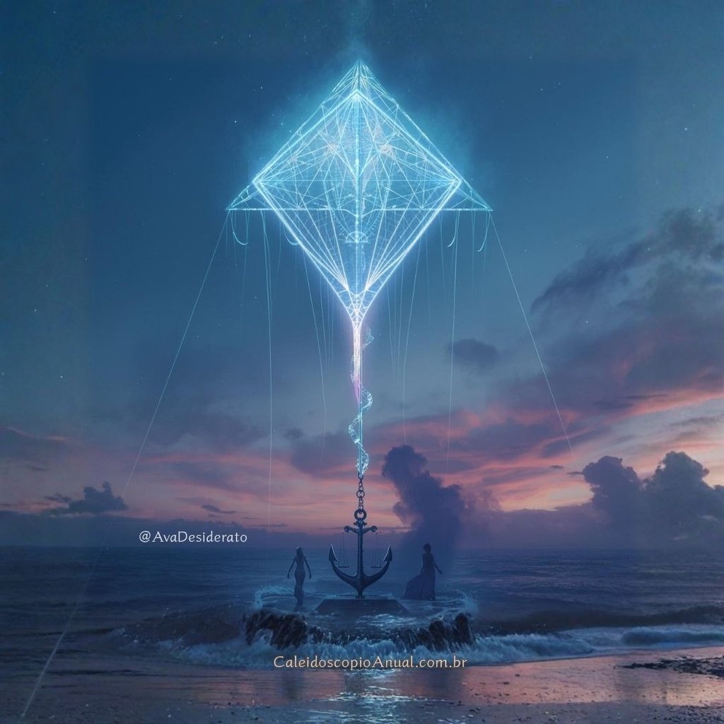 Pipa mística no céu crepuscular com figuras simbólicas, representando equilíbrio, verdade e transformação astrológica.