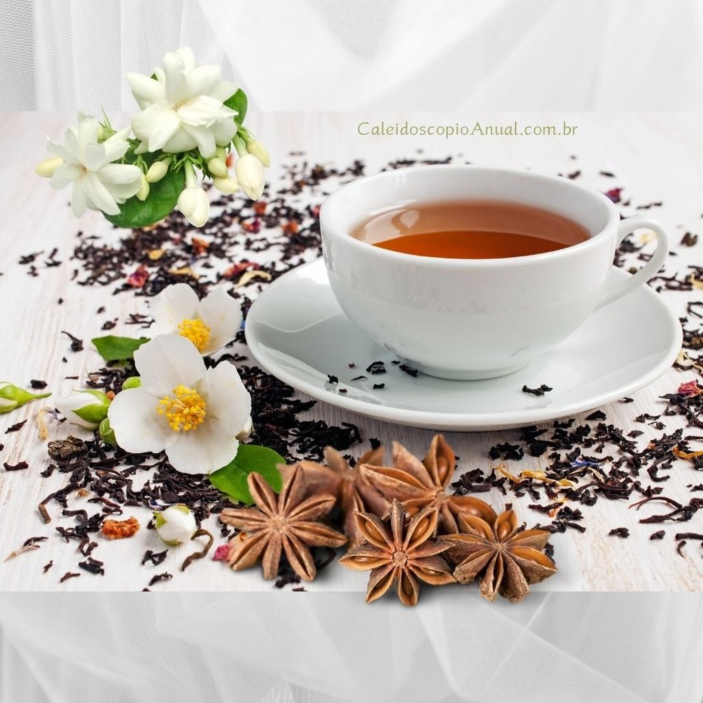 Chá de Anis-estrelado e Jasmim numa xícara branca com ervas ao redor