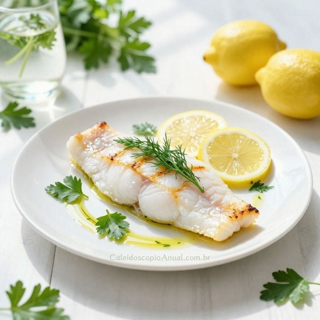 Peixe branco ervas limão: prato leve grelhado endro salsa pureza cura clareza esperança renovação