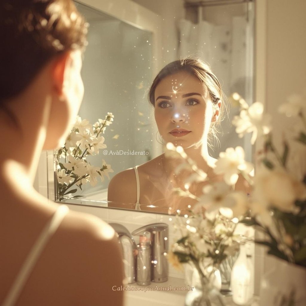 Pessoa refletida em espelho iluminado com flores, simbolizando o despertar da autoestima e cura interior.