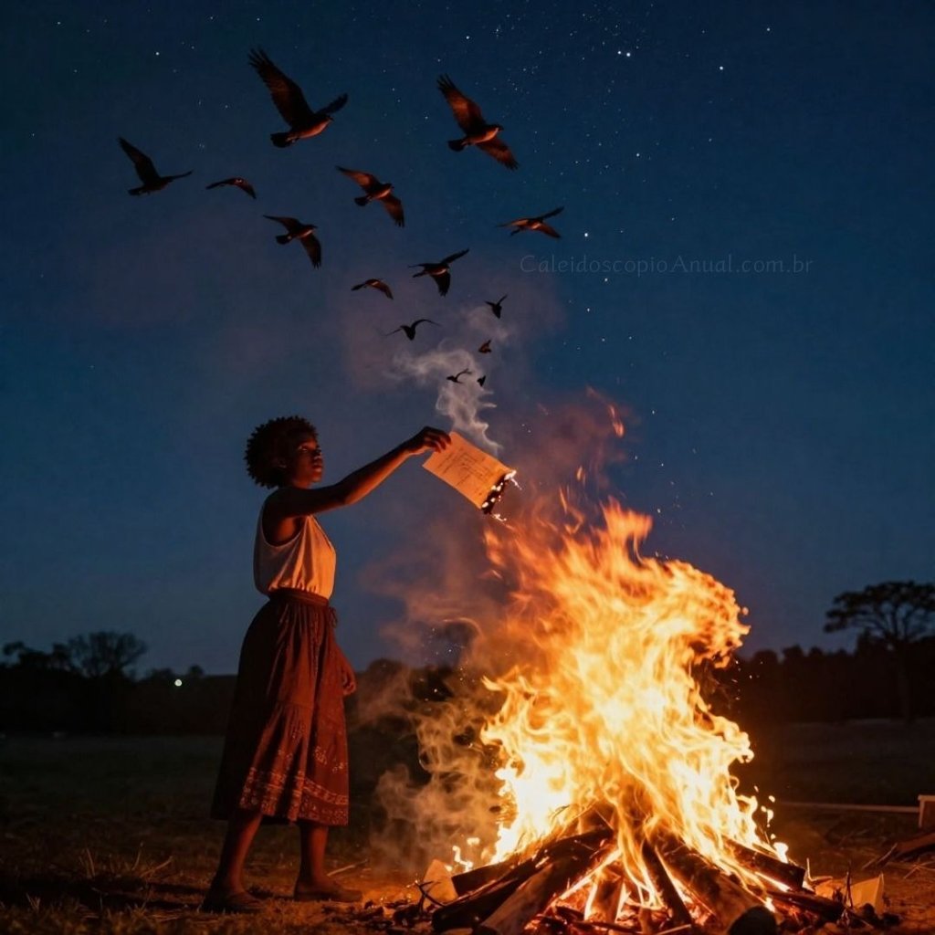 Ritual fogueira liberação: queimando papel transformando fumaça em pássaros voando céu estrelado