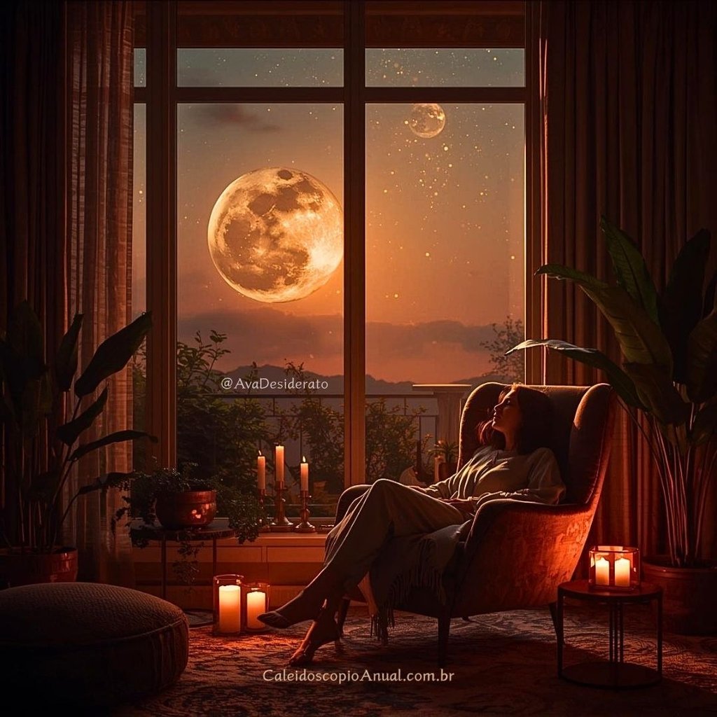 Sala aconchegante ao entardecer com Lua e Júpiter brilhando na janela, simbolizando proteção e bem-estar emocional