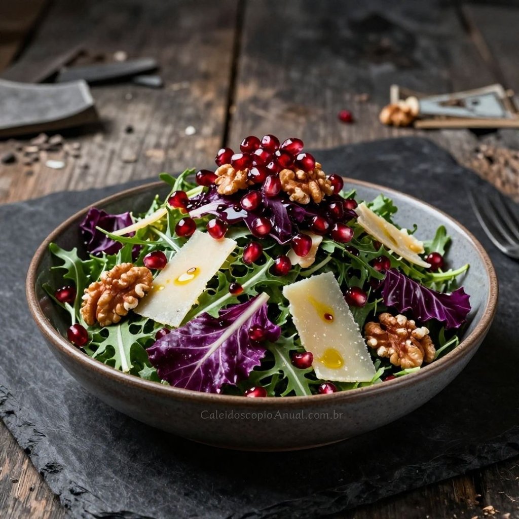 Salada Torre folhas amargas romã: almeirão radicchio rúcula sementes joias sabedoria renascimento