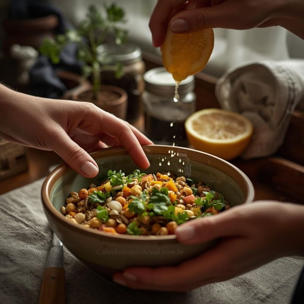 Preparo salada quinoa grão-de-bico: receita grãos ancestrais sementes legado nutrição consciente