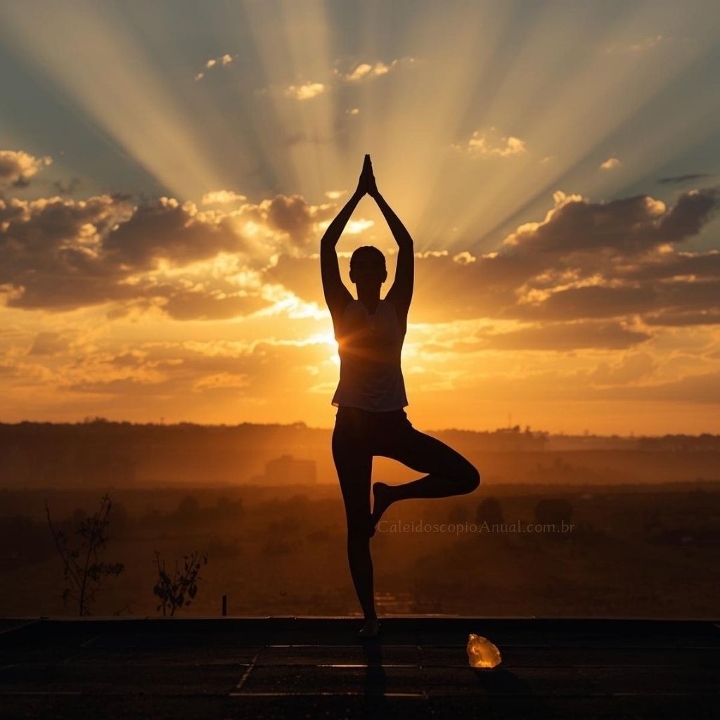 Saudação ao sol ritual: figura braços erguidos nascer sol energia dourada vitalidade alegria citrino