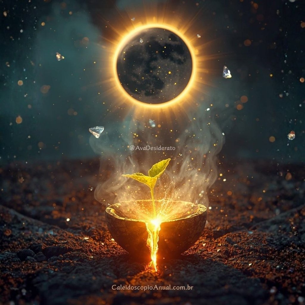 Semente de luz brotando em solo vulcânico sob Lua Nova em Áries, simbolizando cura, coragem e novos começos
