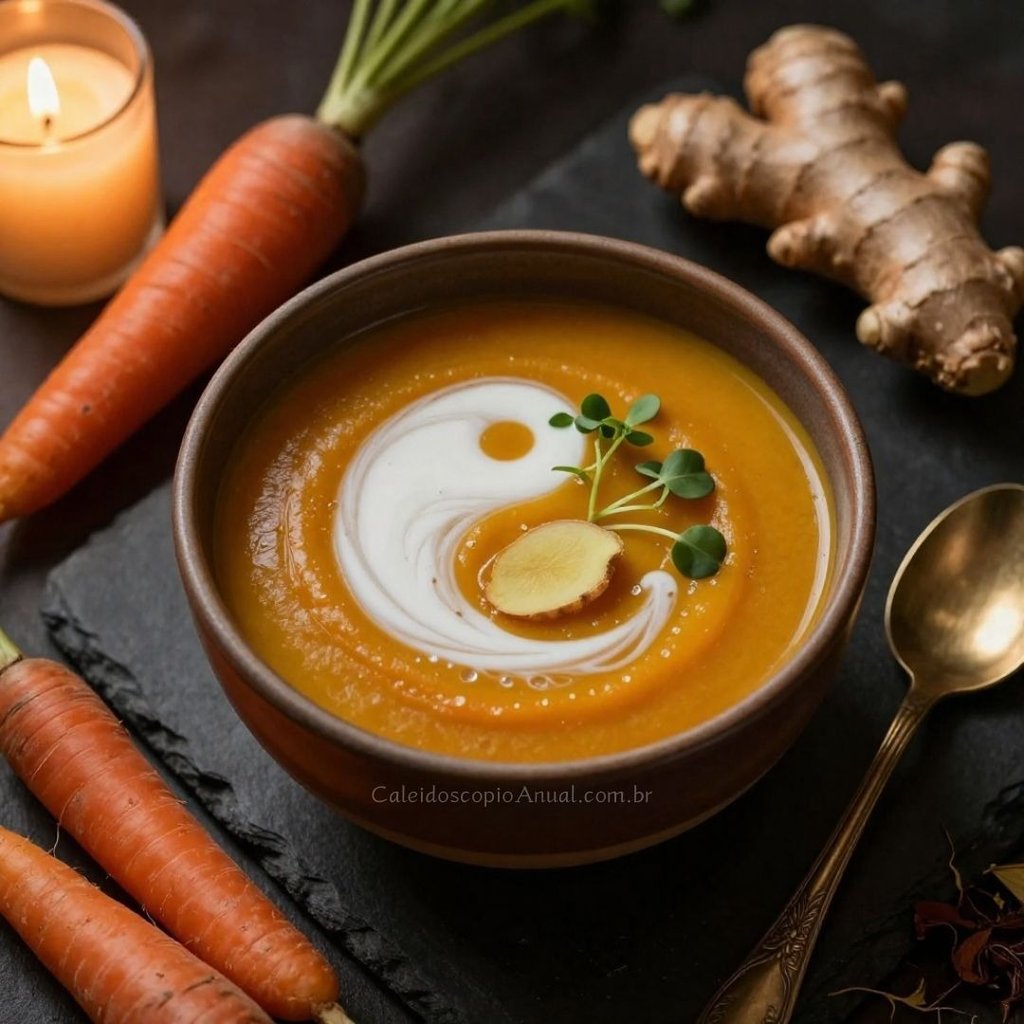 Cenoura e gengibre unidos em sopa-creme dourada, simbolizando equilíbrio entre os elementos Terra e Fogo.