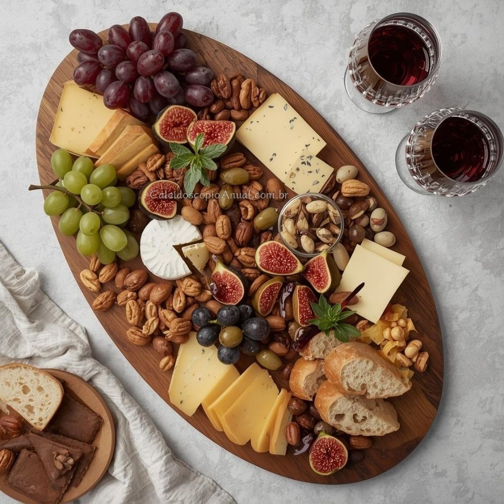 Tábua de Frios, Frutas e Pães distribuídas ricamente ao lado de 2 taças de Vinho