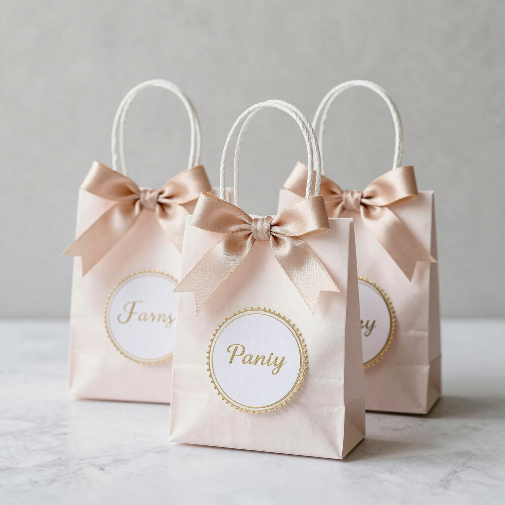 Three elegant blush pink gift bags with satin bows and personalized labels for wedding favors or party treats.