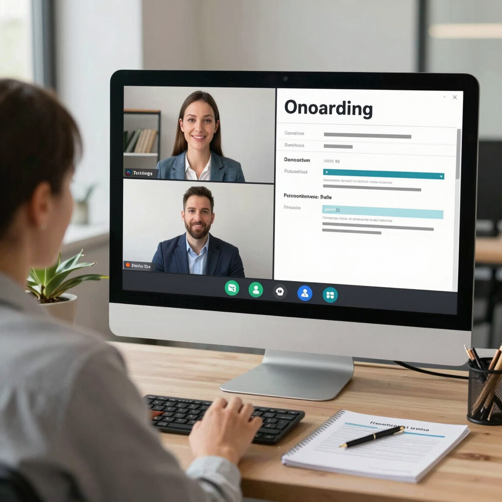 A team member conducting a video interview with a candidate in a modern office setting.