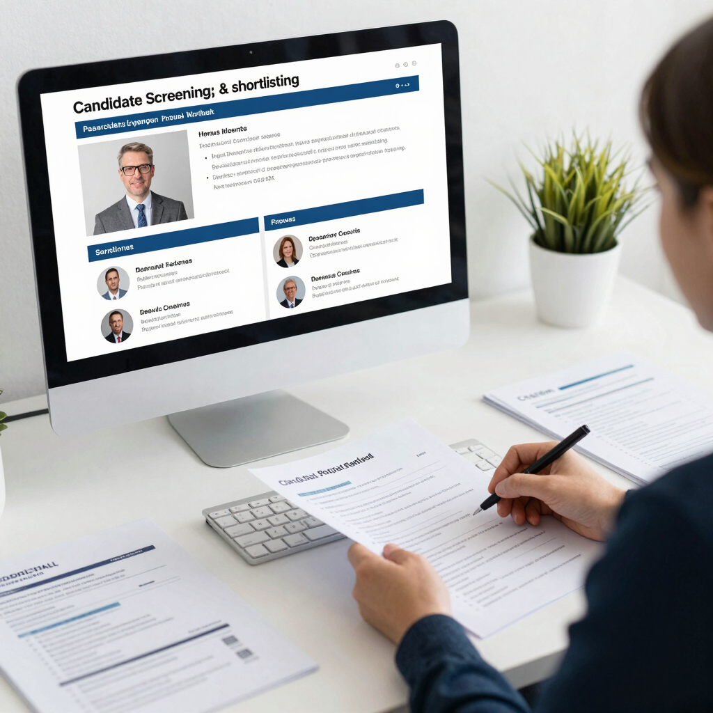 A team member conducting a video interview with a candidate in a modern office setting.