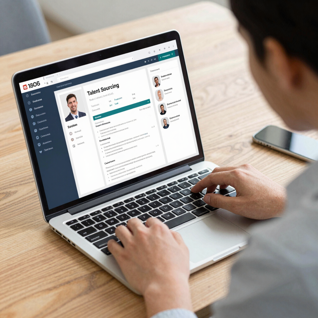 A recruiter reviewing resumes on a laptop with a focused expression.