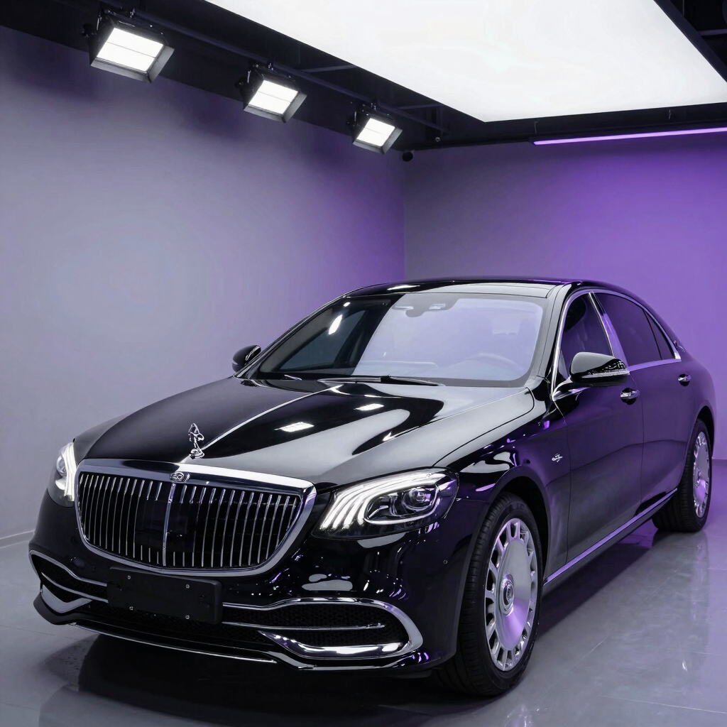 Luxury black Mercedes-Maybach S-Class sedan showcased in a professional studio with purple ambient lighting.