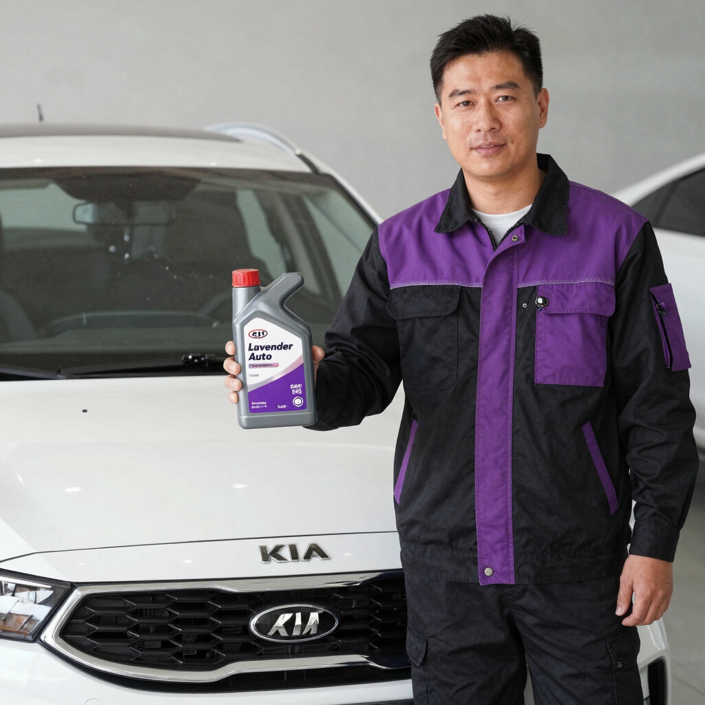 Professional mechanic holding a bottle of Lavender Auto motor oil in front of a white Kia car.