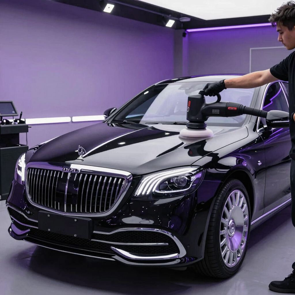 Professional detailer using a rotary polisher on a black Mercedes-Maybach for premium paint correction.