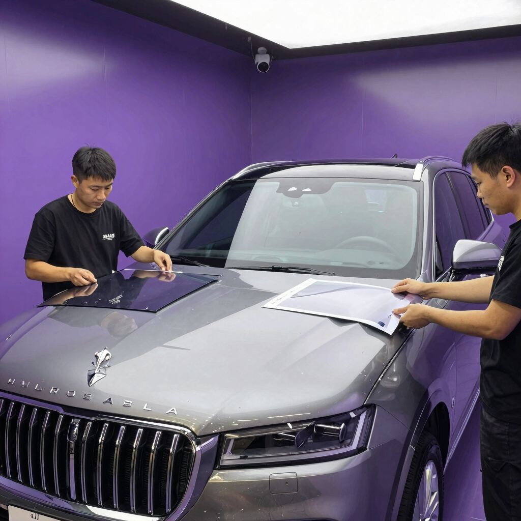 Two professionals applying a protective film to the hood of a luxury SUV in a car detailing shop.