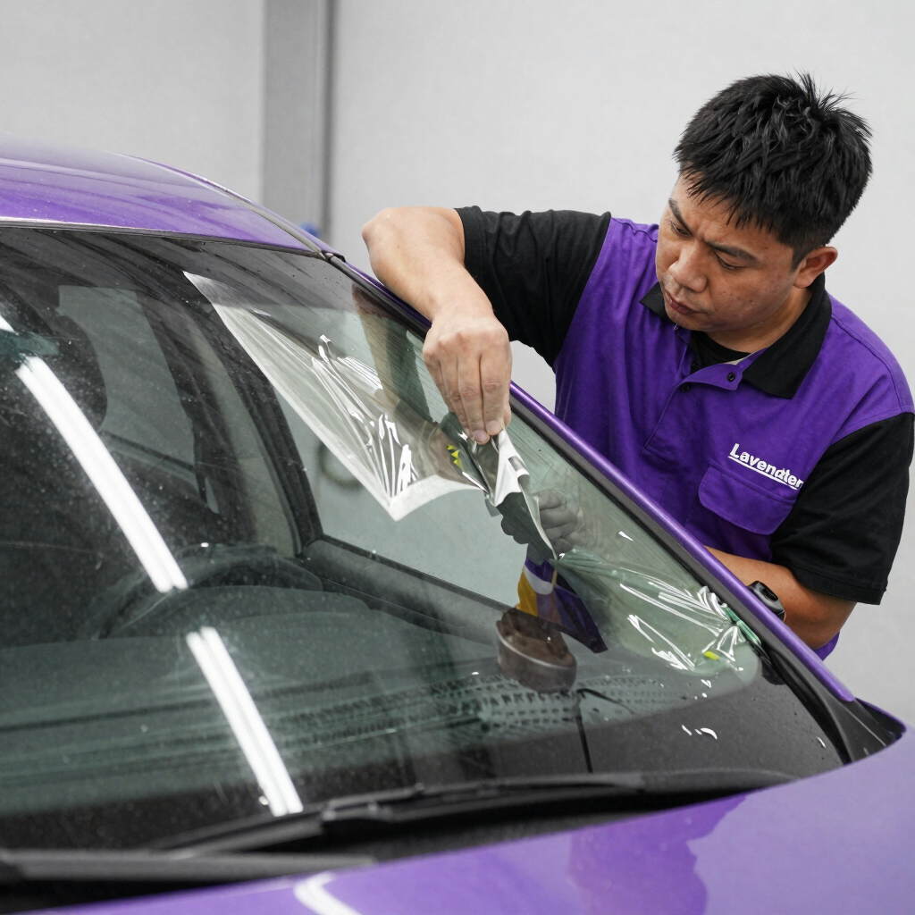 Professional technician applying protective window film to a purple car for tinting and UV protection.