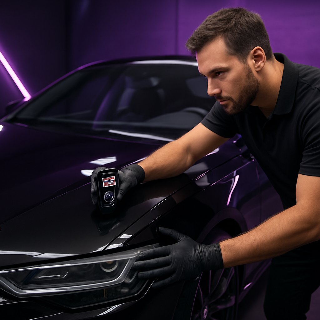 Professional detailer using a paint depth gauge on a black car in a studio.
