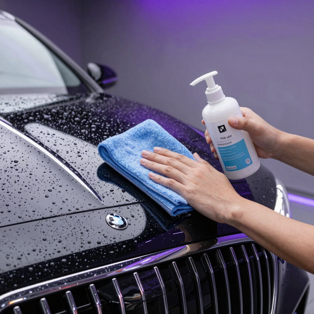 Hand using a blue microfiber cloth and detailing spray to wipe water droplets off a black luxury car hood.