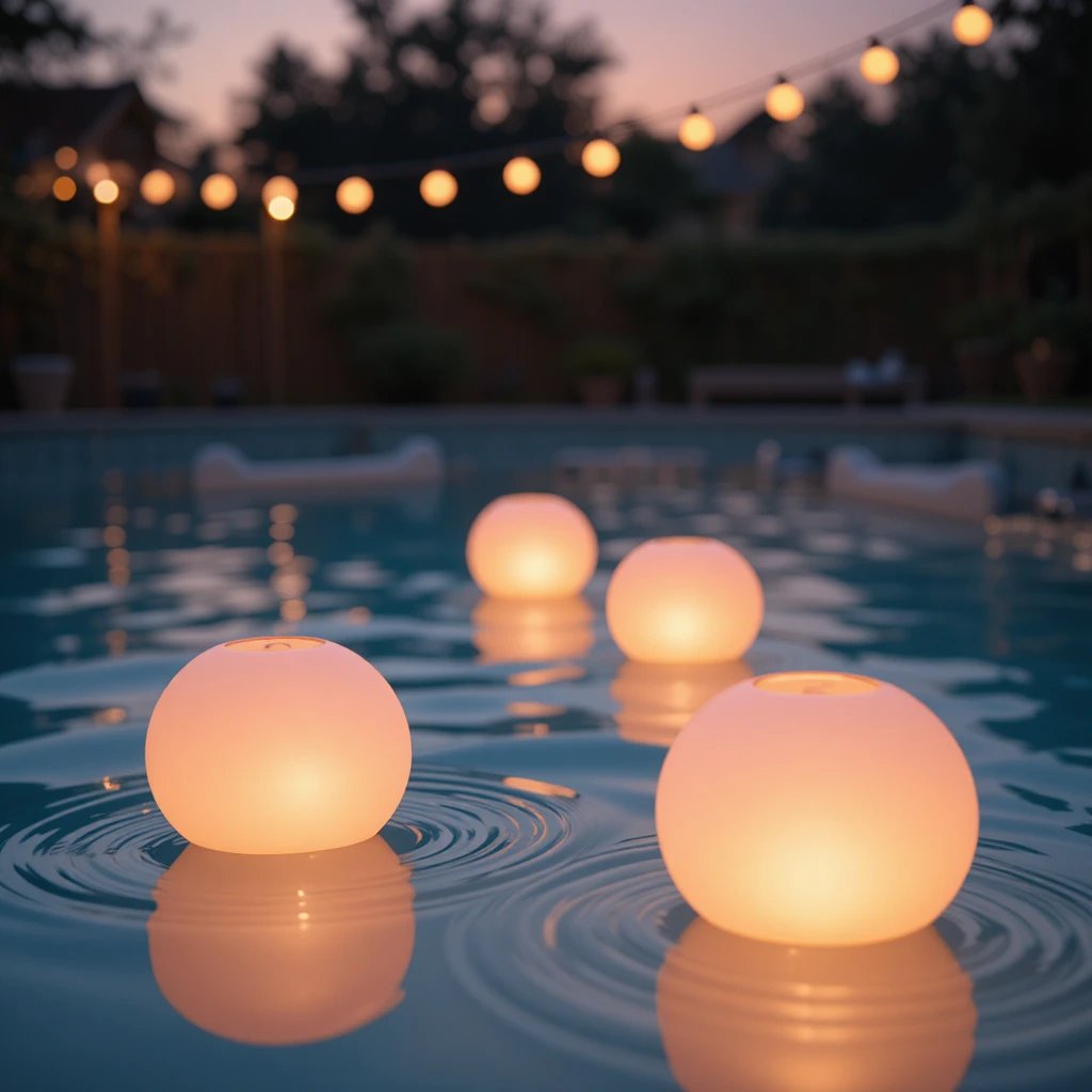 four glowing round solar lights floating in an above ground pool at dusk, soft pink and amber color 