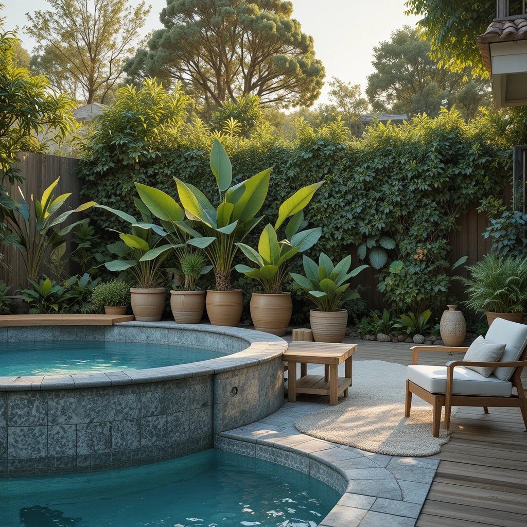 backyard scene showing a styled above ground pool with large tropical container plants grouped at th