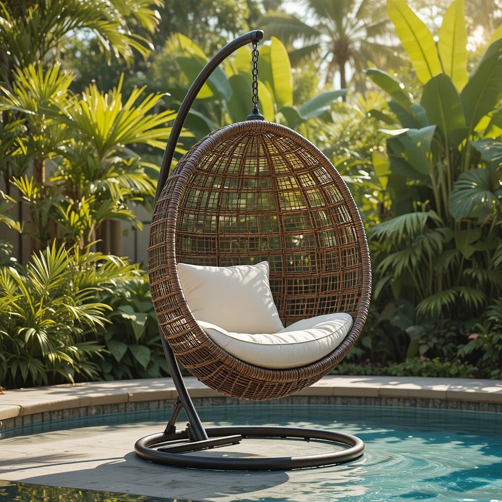 ound wicker hanging egg chair with a cream cushion on a freestanding stand beside an above ground po