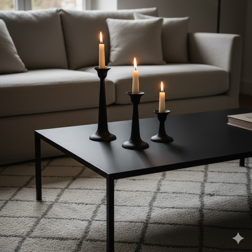 A stylish modern coffee table setup with three matte black cast iron tapered pillar candle holders o