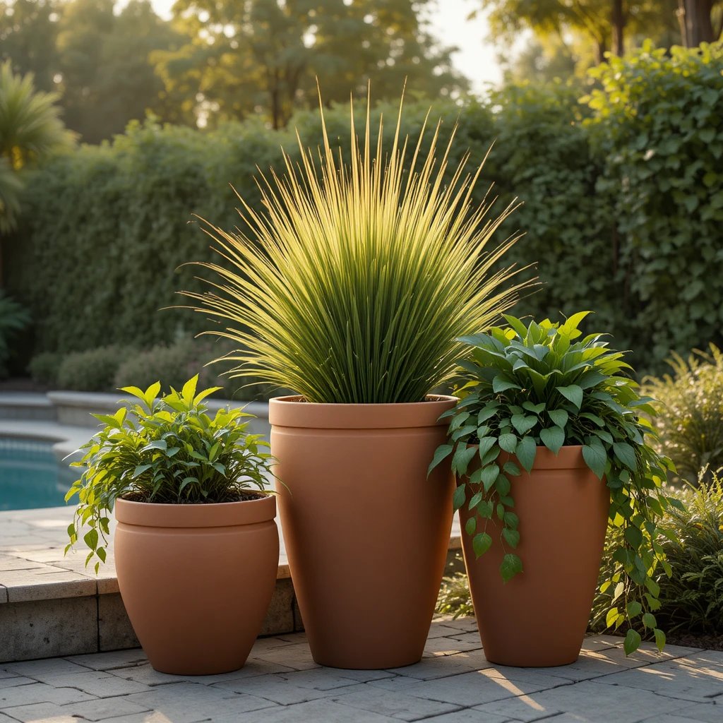 hree stacked-height matte terracotta planters grouped near an above ground pool edge, tall ornamenta