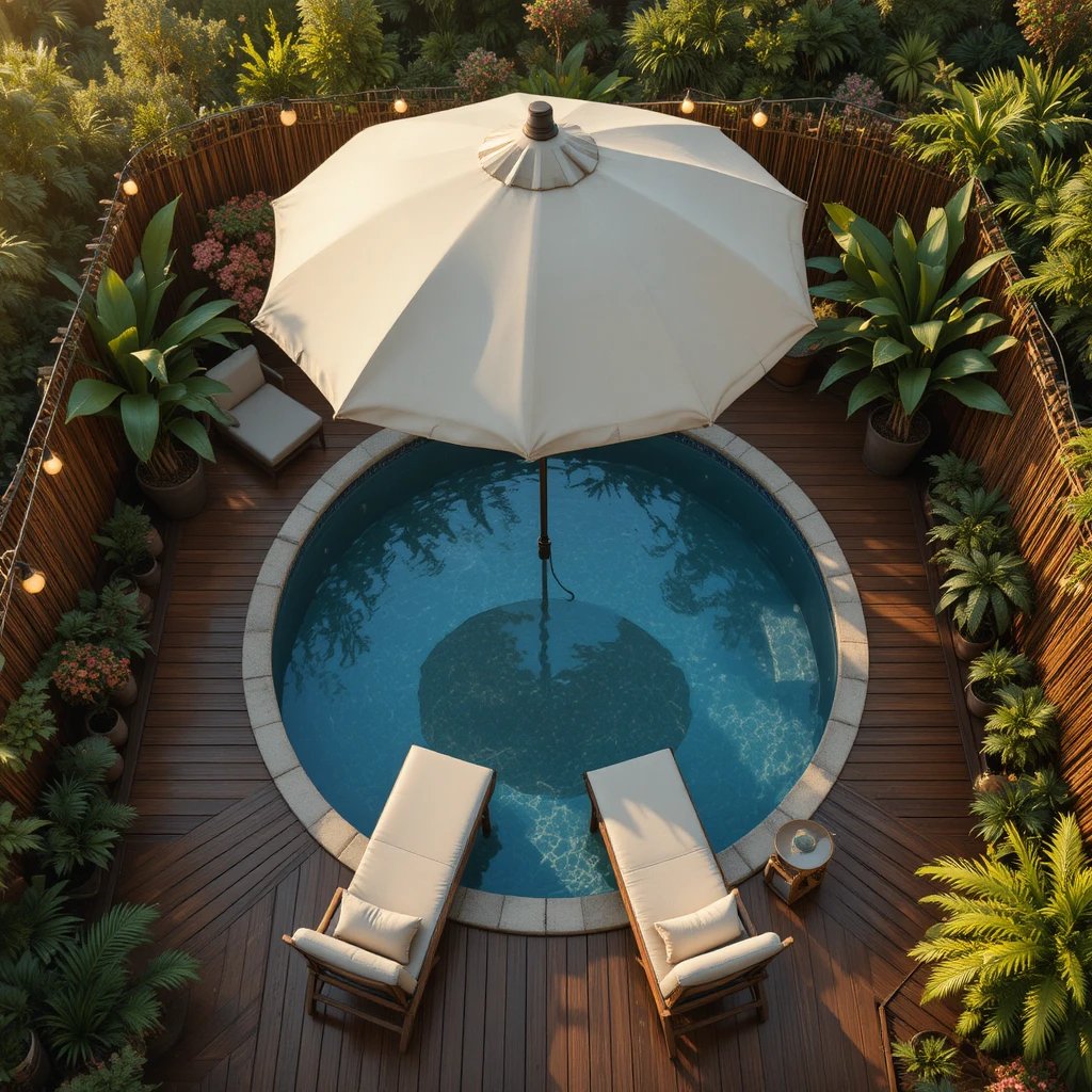 bove ground pool surrounded by a clean wood deck, bamboo privacy panels, string lights, lush potted 