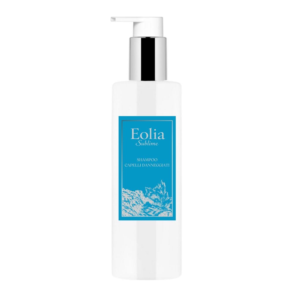 Eolia Sublime shampoo bottle with pump dispenser for damaged hair care on white background.