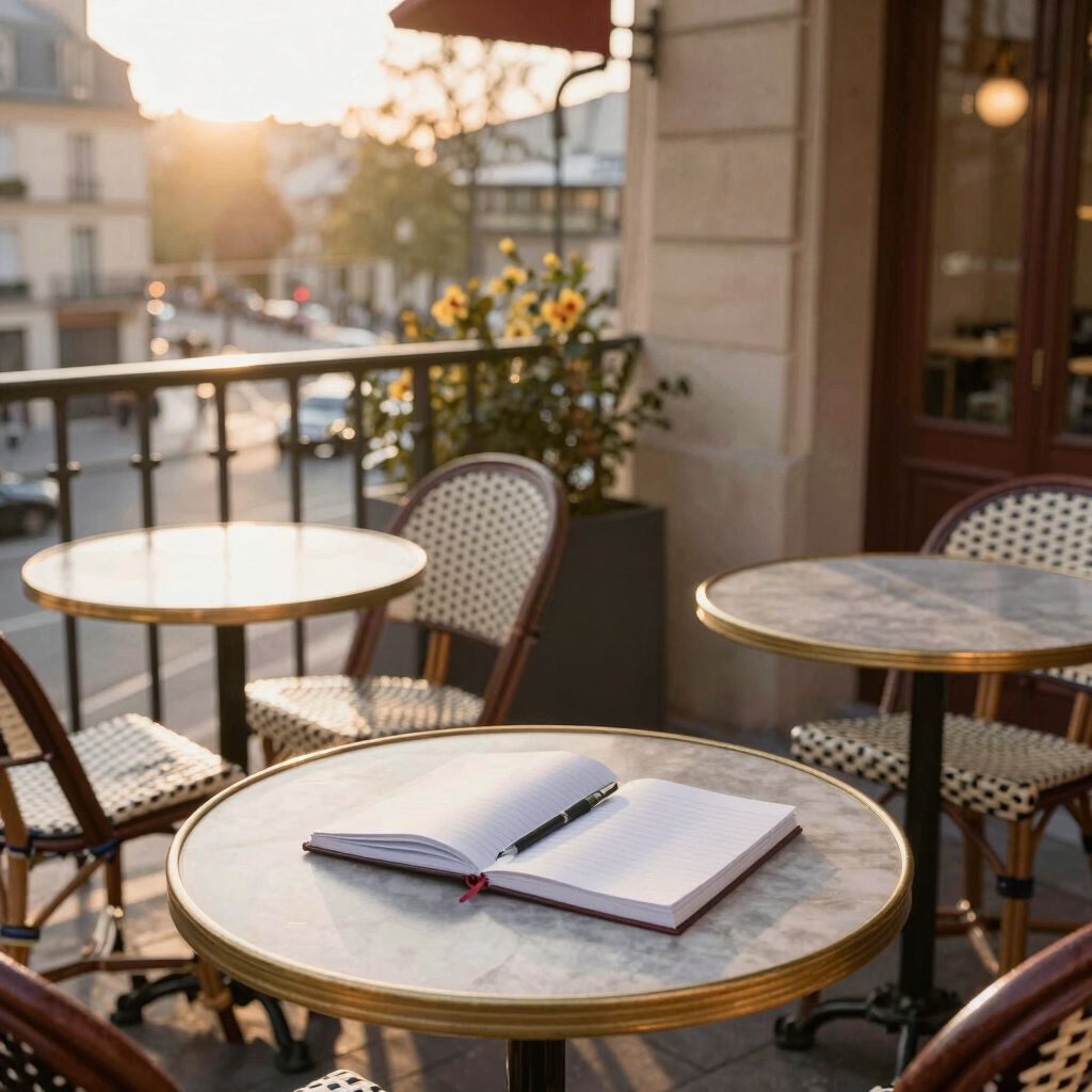 Elegant flat lay of a Paris travel itinerary with a vintage map and a cup of coffee.