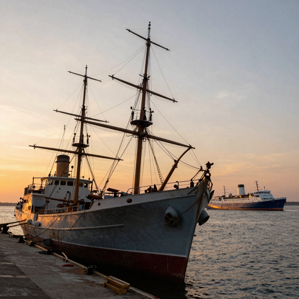 An Anchored ship while another ship sails freely.