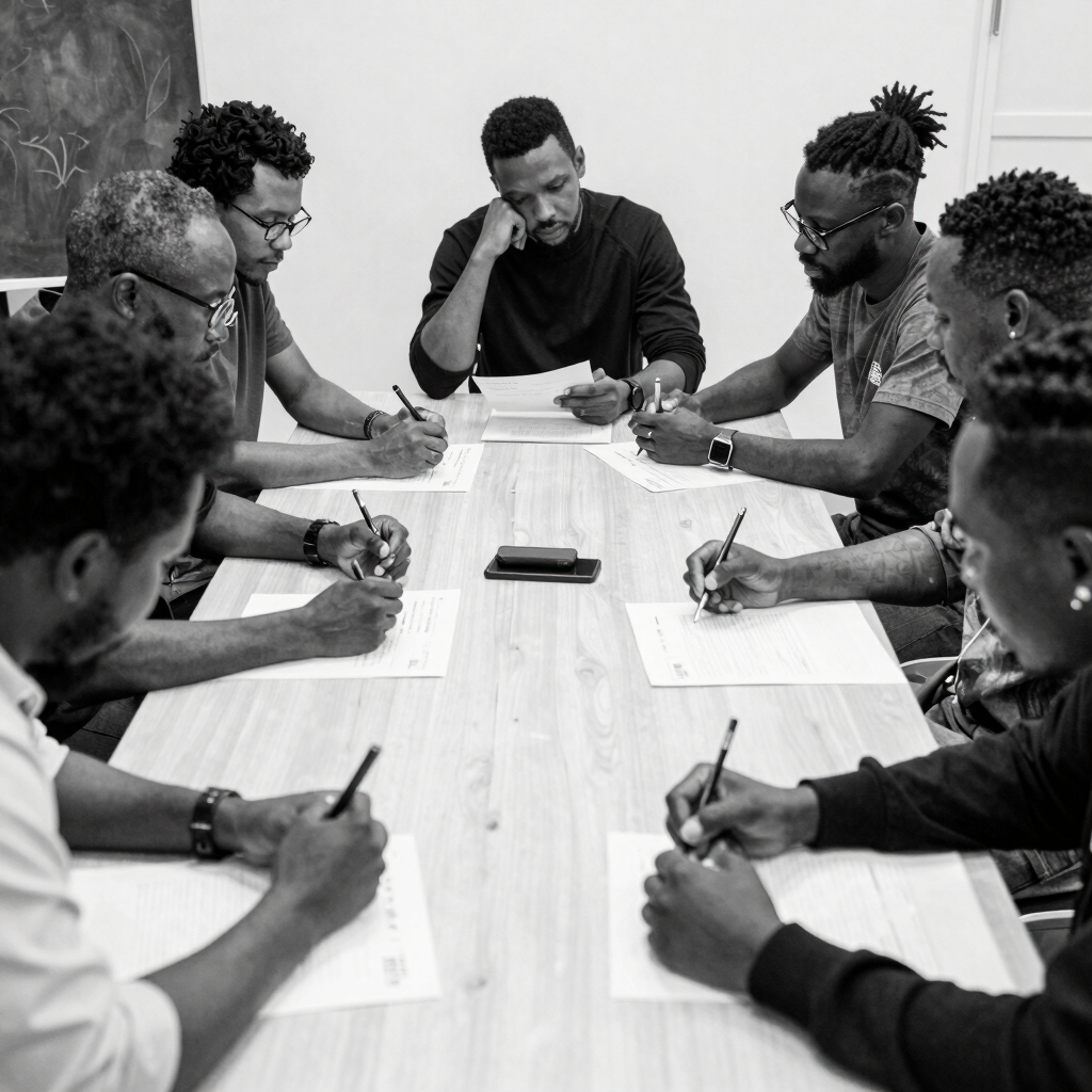 A group of African American adults engaged in hands-on skilled trades training in a workshop.