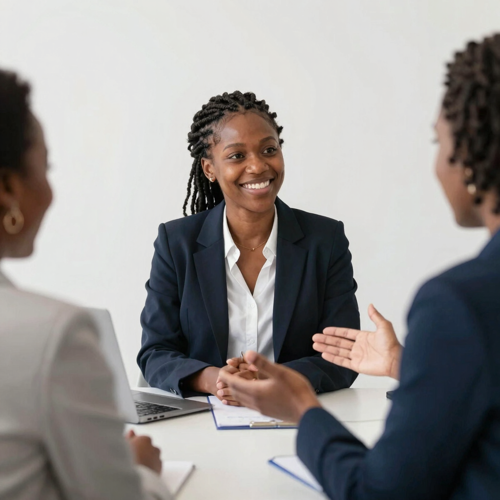 A warm photo of an African American team member welcoming visitors with a friendly smile in a community workspace.