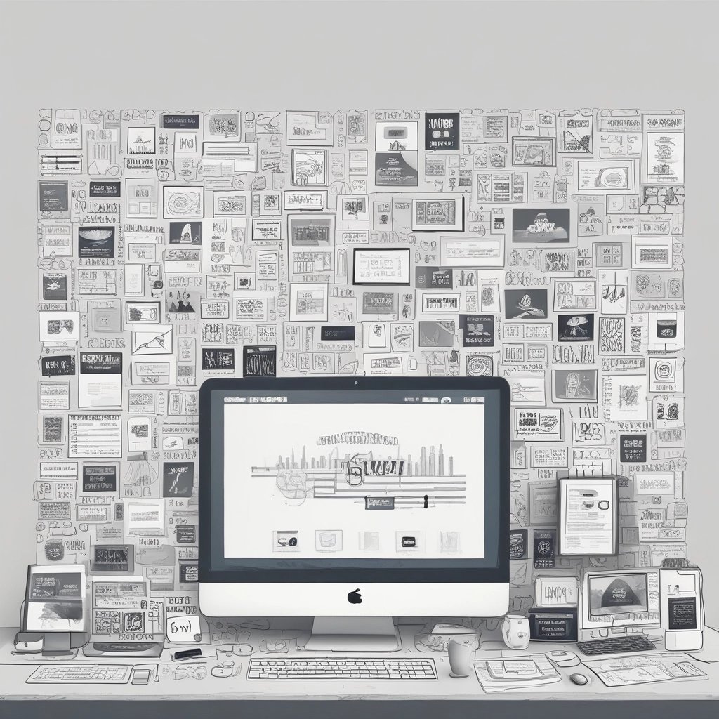 Modern desktop workspace with an Apple iMac computer surrounded by a wall of sketches and UI design wireframes.