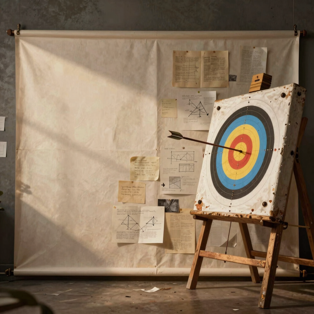 A vintage-style archery target with an arrow hitting the bullseye stands before a large canvas board filled with handwritten