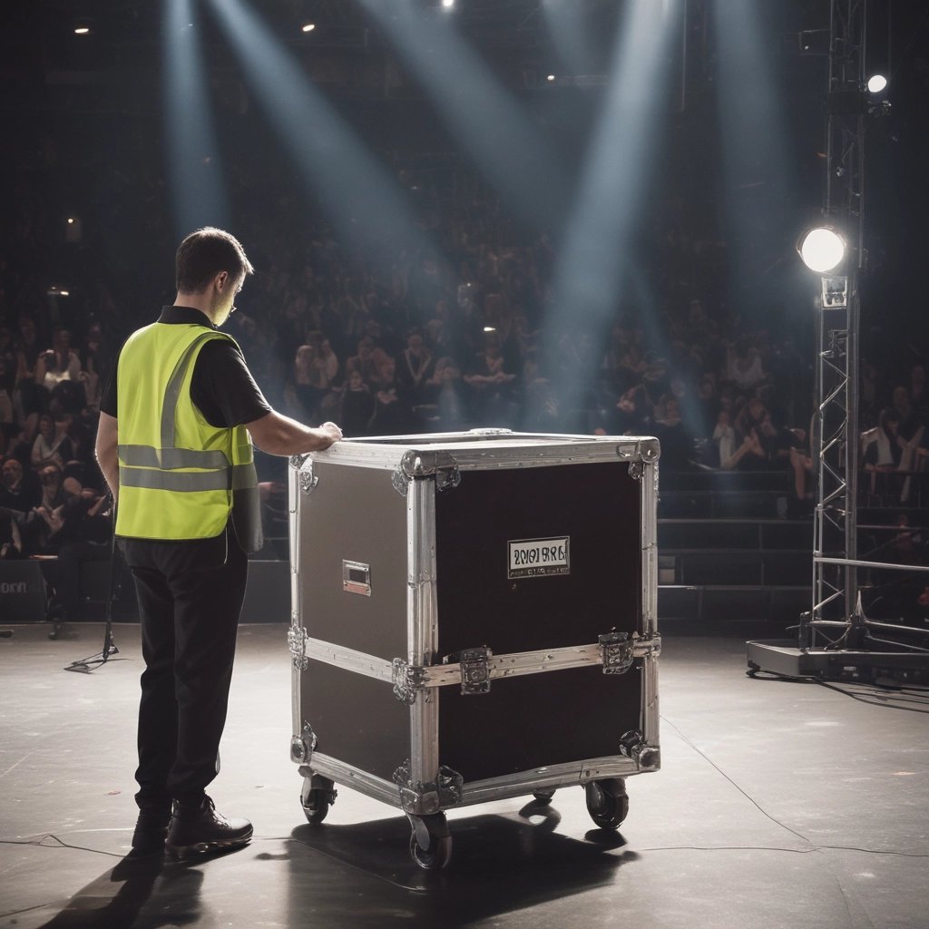 Security personnel managing event entrance with crowd control barriers.