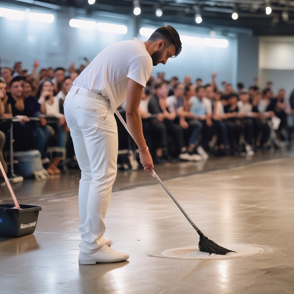 a group of people standing around a man in a yellow vest