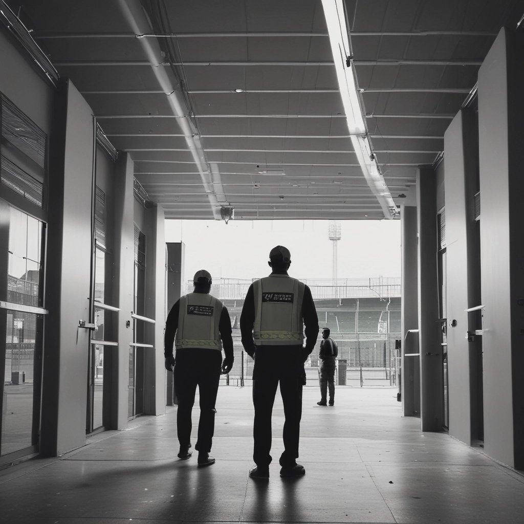 Staff setting up stage and arranging equipment at an event venue.
