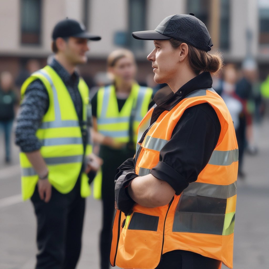 a group of people standing around a man in a yellow vest