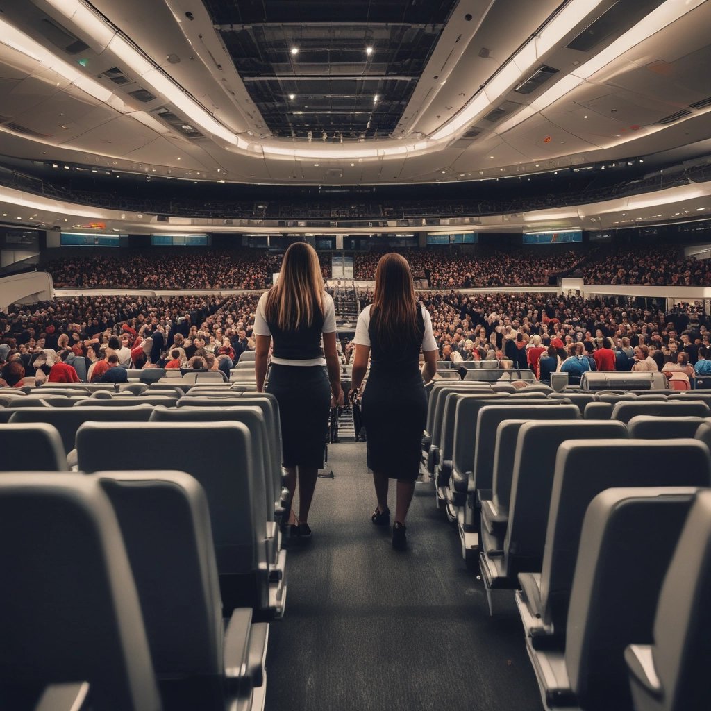 a group of people standing around a man in a yellow vest
