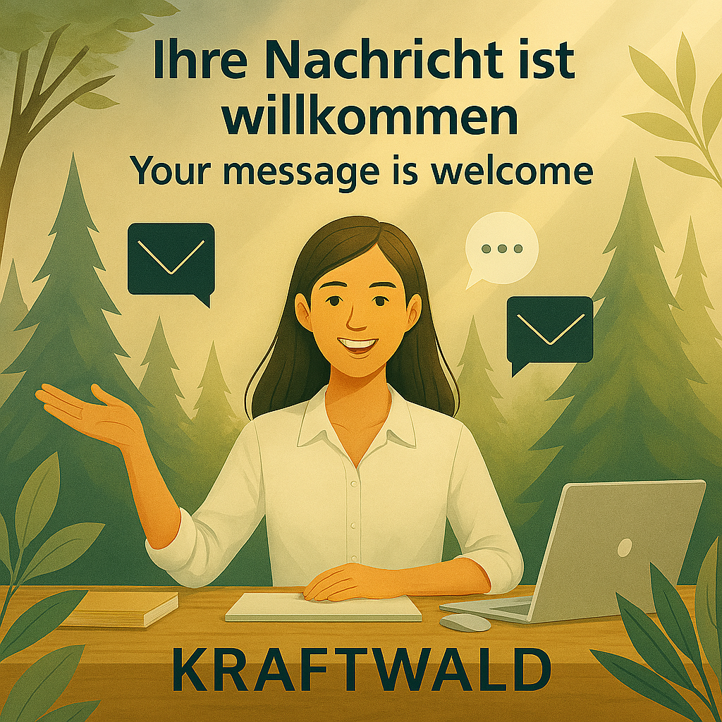 Frau am Tisch im Wald mit Laptop und Icons. Text: „Ihre Nachricht ist willkommen / Your message is welcome KraftWald