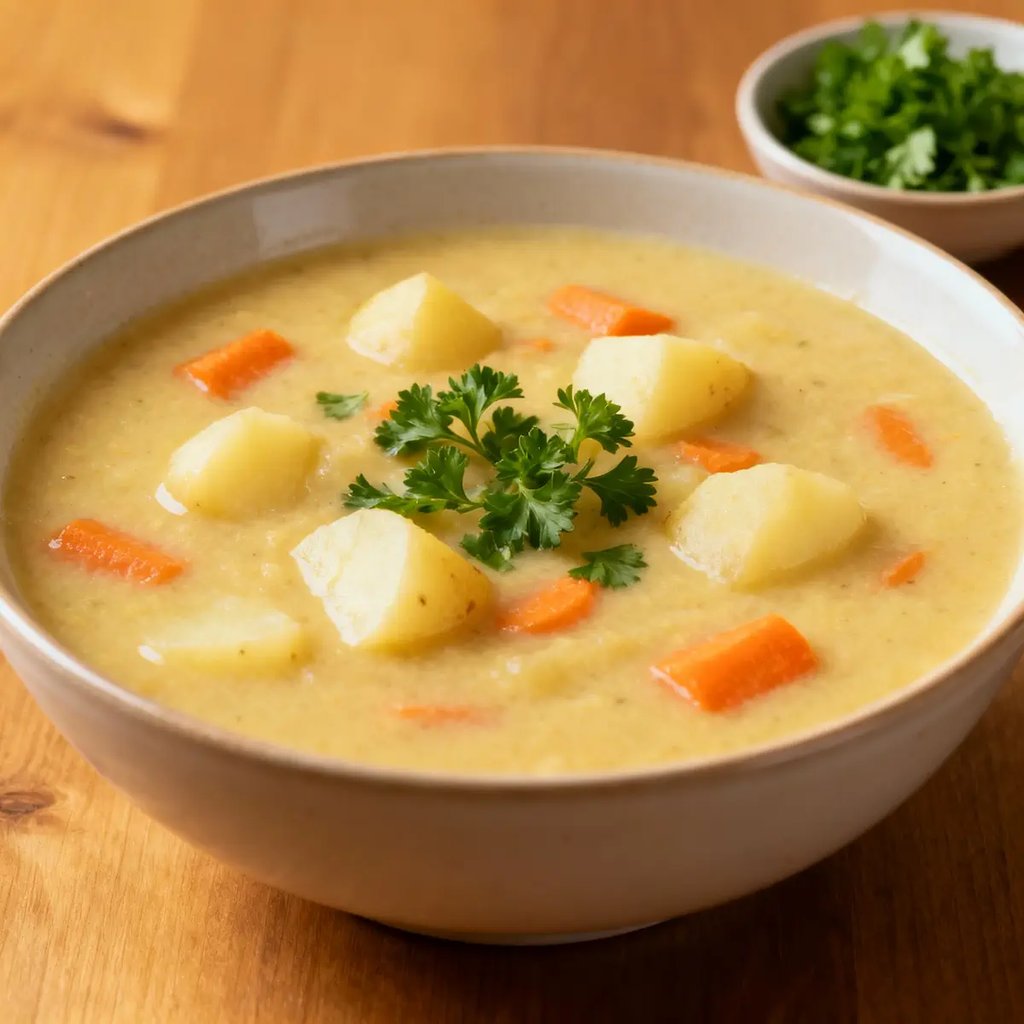  Cremige Kartoffel-Möhren-Suppe in einer Schale, mit Sahnetupfer  und frischer Petersilie garniert.